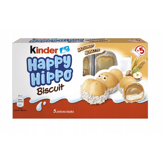 Kinder Happy Hippo, c'est un biscuit croustillant en forme de petit hippopotame renfermant un double fourrage fondant au lait et au cacao. Vendu en paquet de 5, chaque biscuit est emballé individuellement pour plus de praticité.