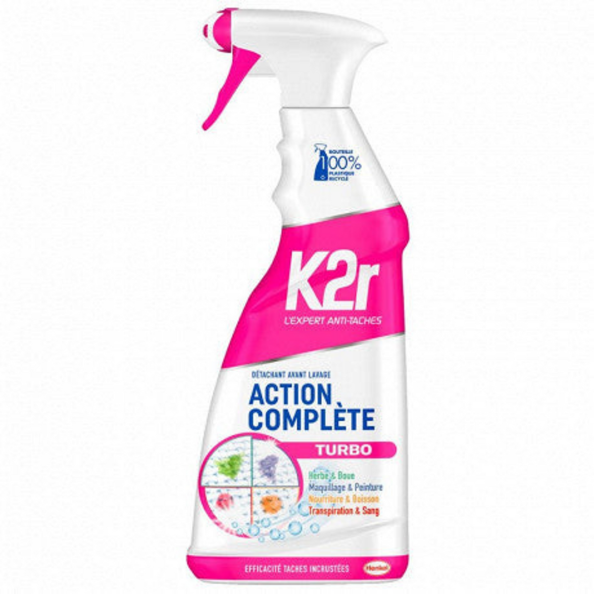 Découvrez le nouveau détachant avant lavage K2r Action Complete la solution la plus optimale pour détacher efficacement tous les types de taches, même incrustées, et vous assurer un résultat impeccable. Issue de la recherche et de l'expertise K2R, sa formule est une combinaison de 3 agents spécifiques pour éliminer tous les types de taches : Taches colorées : fruits, vin, café, thé, légumes... Taches grasses : huile, graisse, sauce, maquillage, beurre... Taches protéinées : sang, oeuf, herbe...