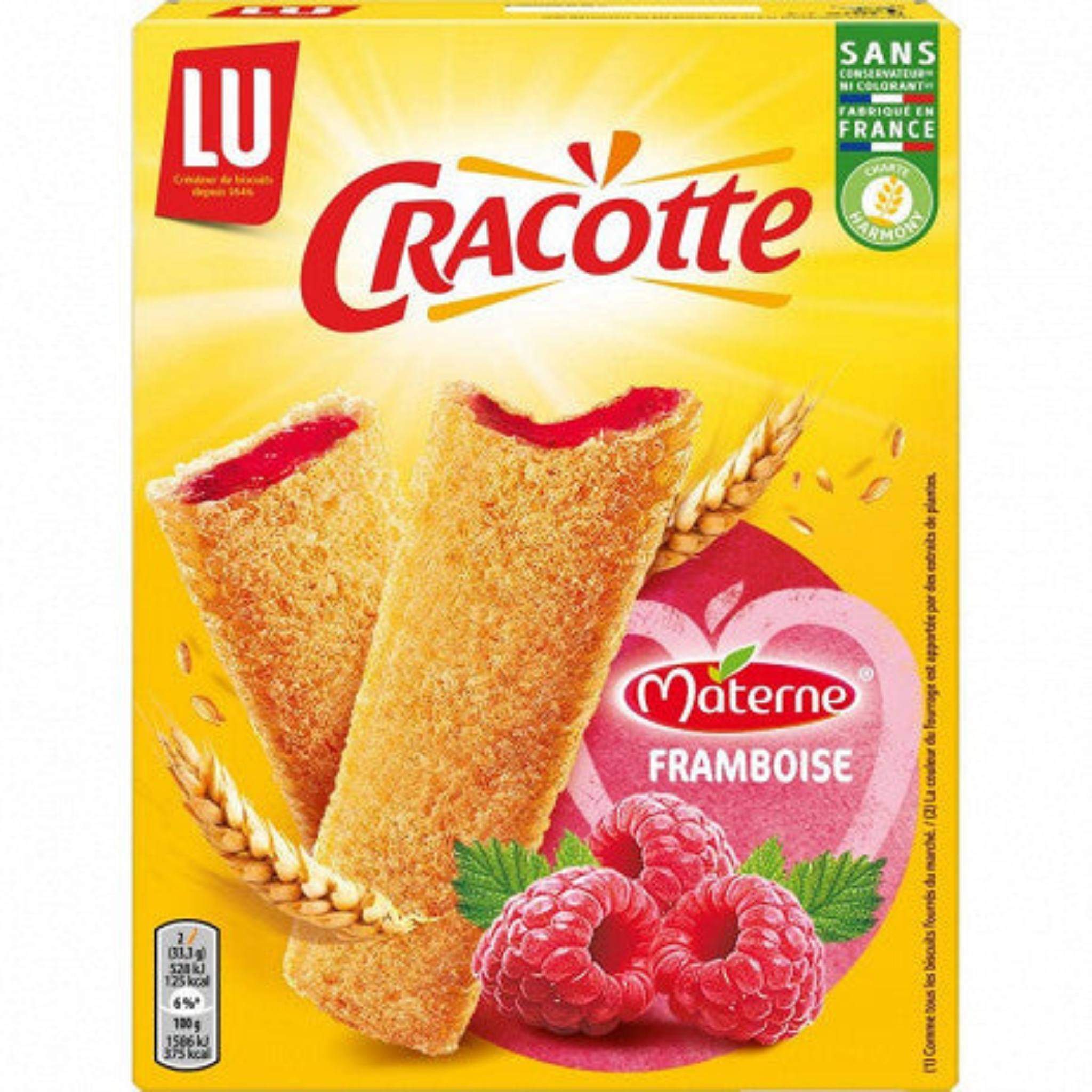 Farine de BLÉ 46 %, sirop de glucose-fructose, sucre, humectant (glycérol), dextrose, purée de framboises 4,4 %, huile de palme, purée de framboises concentrée 1,5 % (équivalent purée de framboises 8,5 %), lactosérum en poudre (de LAIT), acidifiants (acide citrique, acide malique), gélifiant (pectines), jus de baies de sureau concentré, correcteurs d'acidité (citrates de sodium, citrates de calcium), arômes, sel, émulsifiant (lécithines). PEUT CONTENIR FRUITS A COQUE.