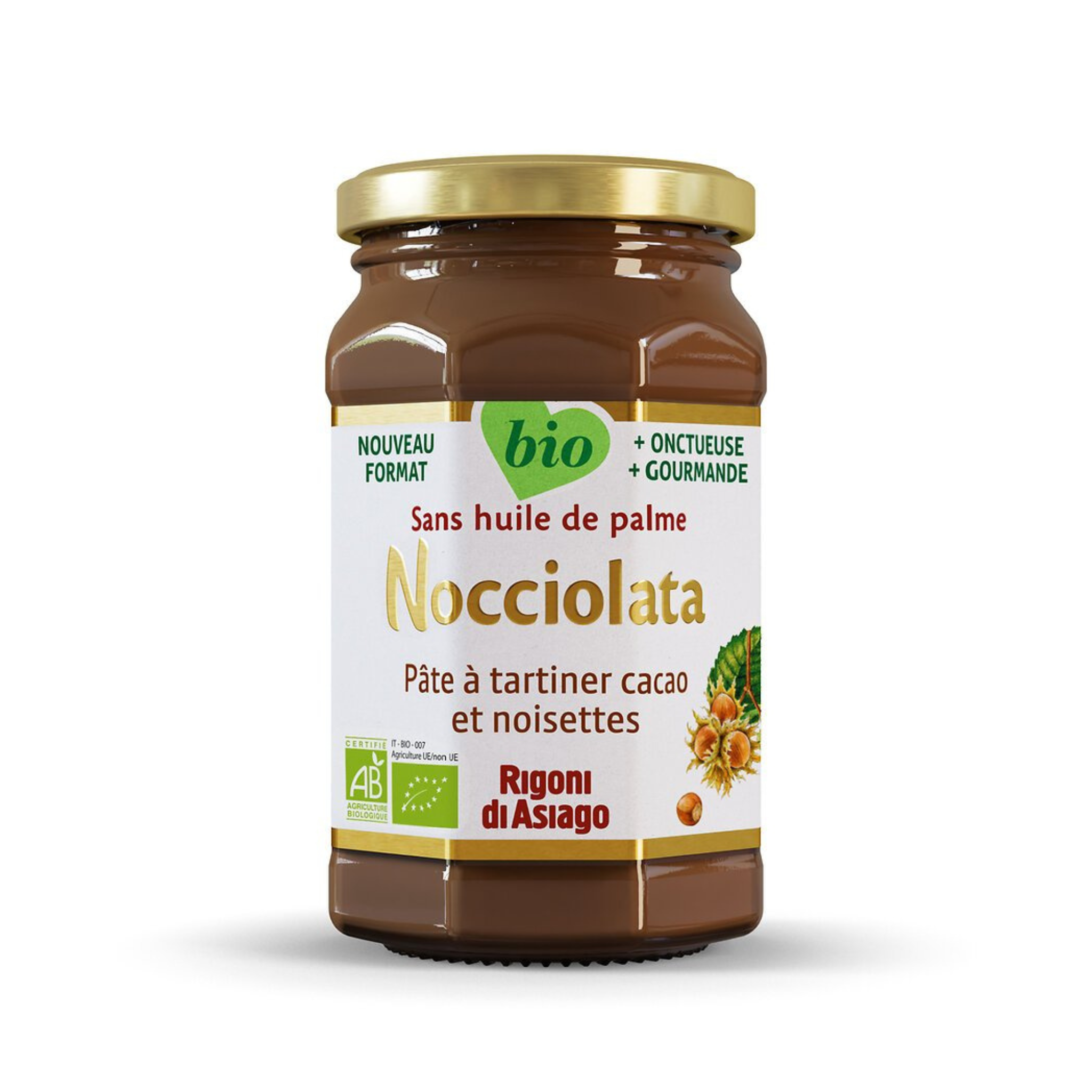 Pâte à tartiner Bio au cacao et noisettes. Sans Huile de palme, sans graisses hydrogénées, sans conservateur, sans colorant, sans gluten.