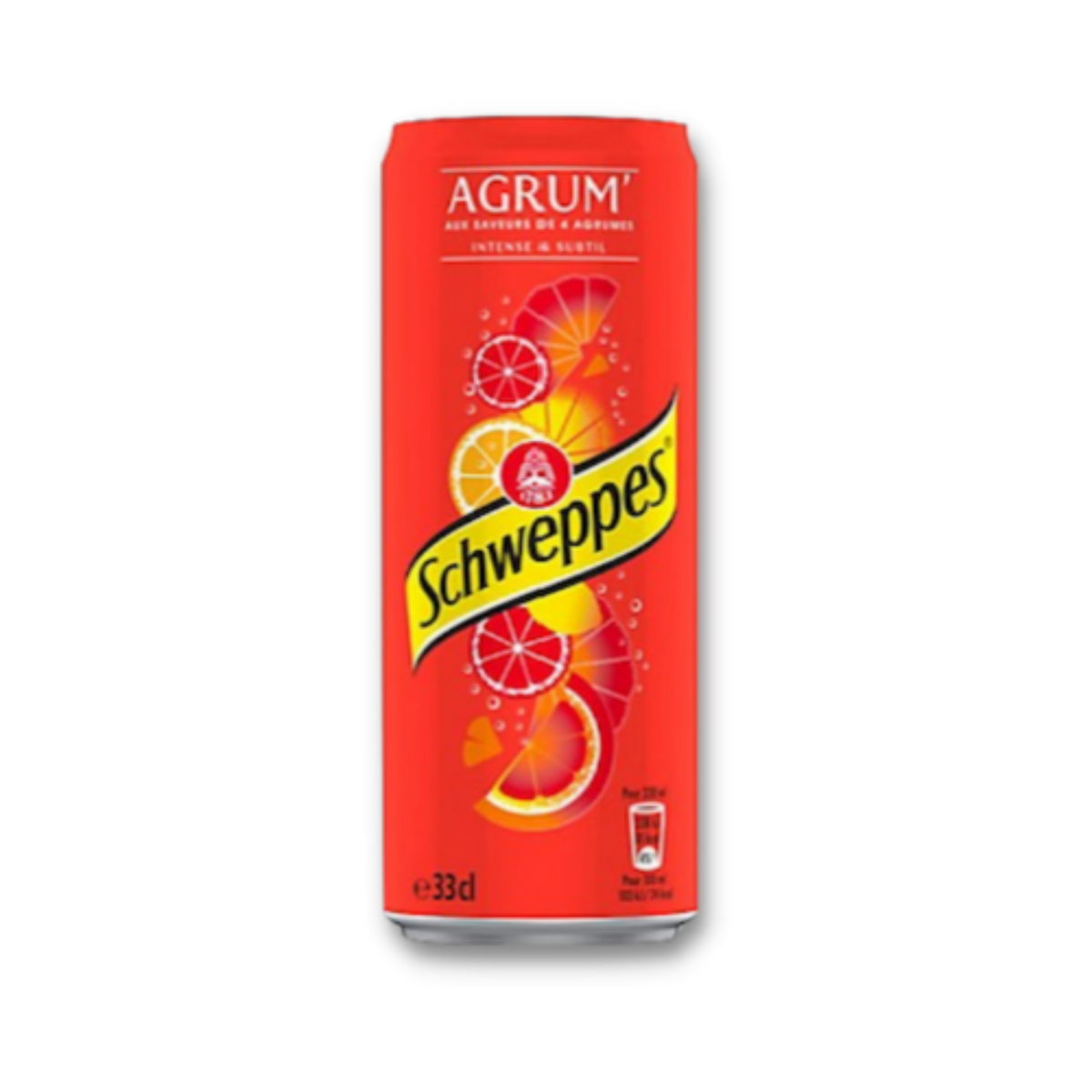 Schweppes Agrumes, aux saveurs irrésistibles d’orange, de pamplemousse, de citron vert &amp; de mandarine, sans colorant et sans arôme artificiel.