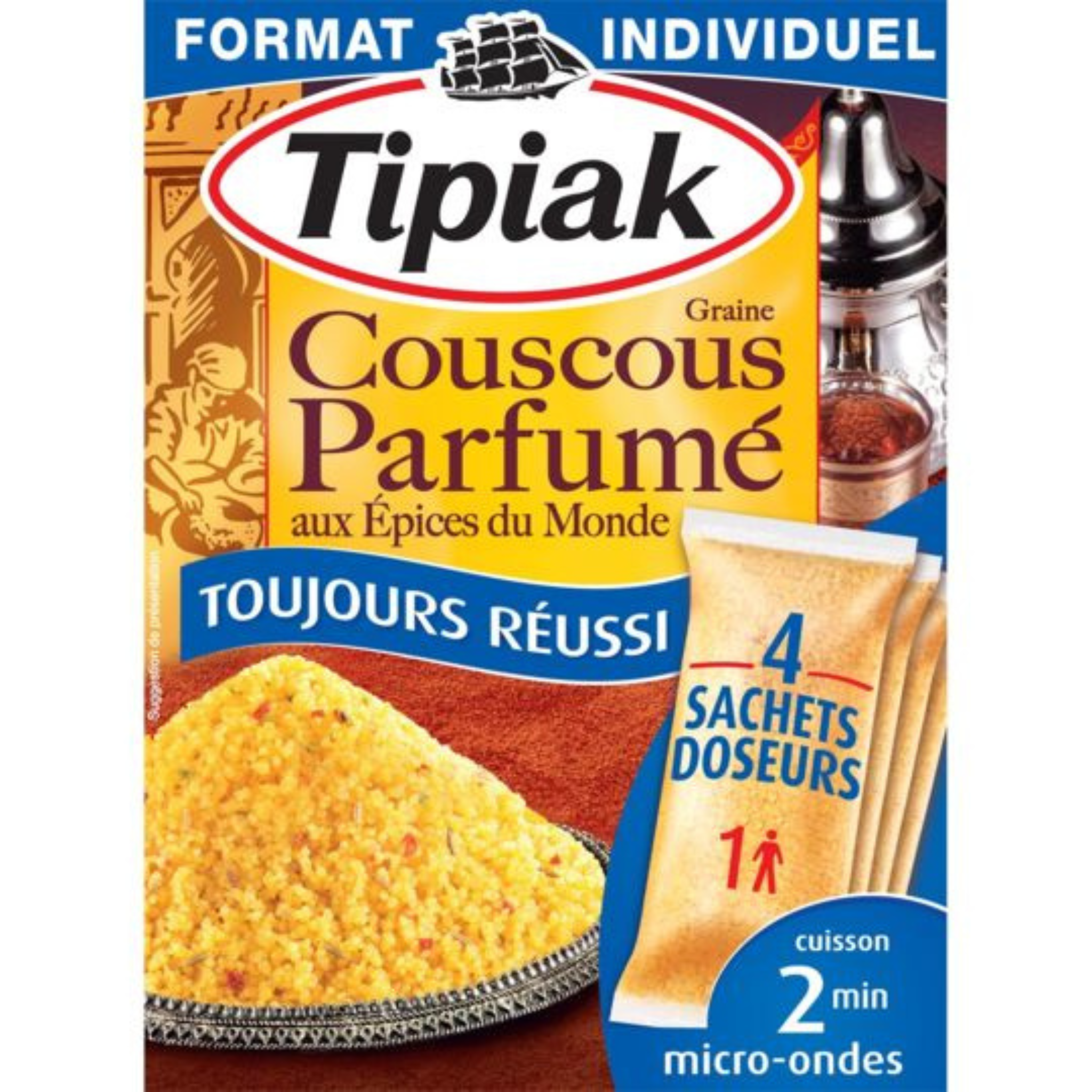 Tipiak vous propose le Couscous parfumé aux épices du monde en sachets pour 1 personne, toujours réussi chez soi ou à l'extérieur, facilement et rapidement grâce à son sachet doseur