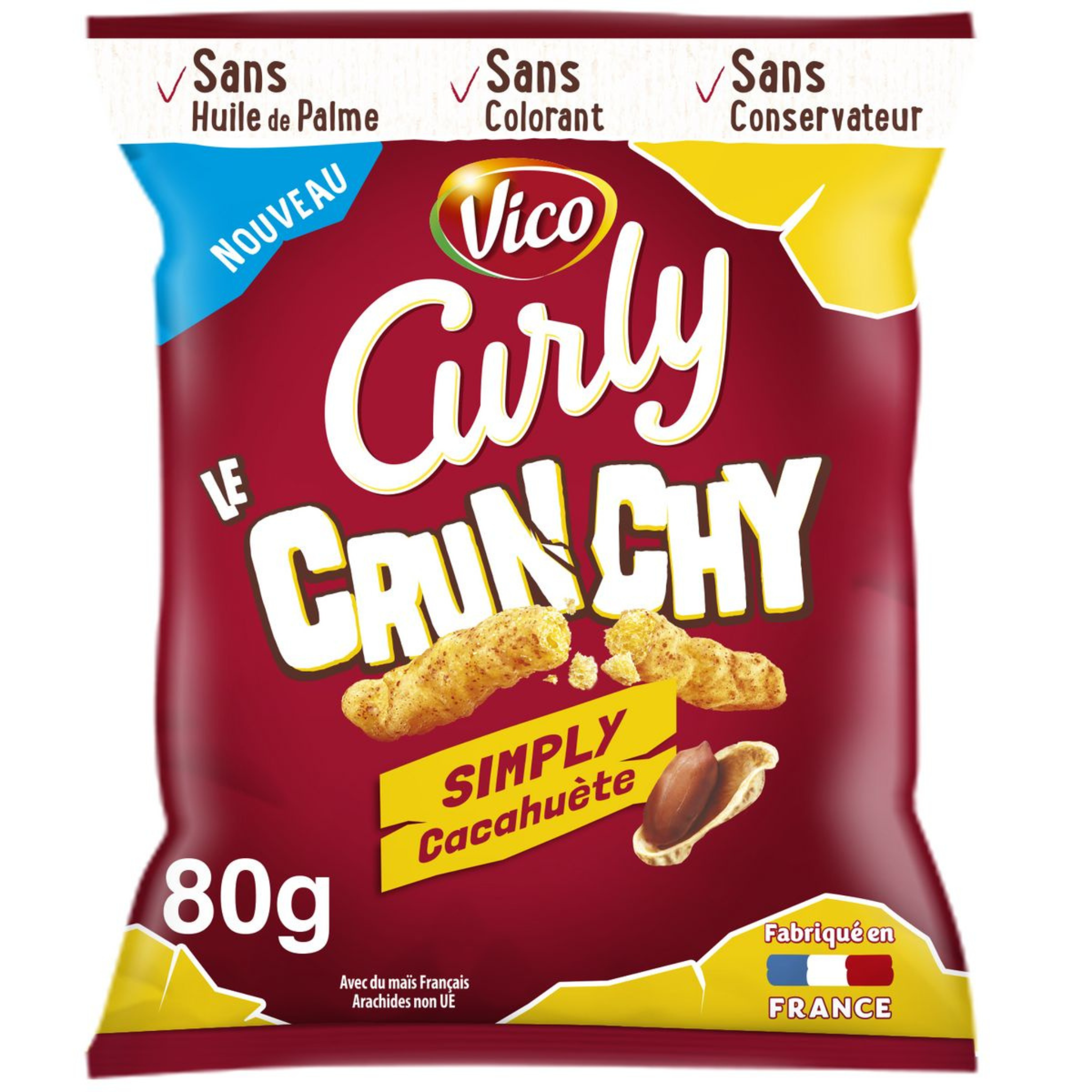 Curly lance Les Crunchy : Les biscuits les plus vrillés de la marque, à la texture très croustillante et au goût inimitable de cacahuète Curly, associé à des saveurs intenses …pour une expérience irrésistiblement craquante