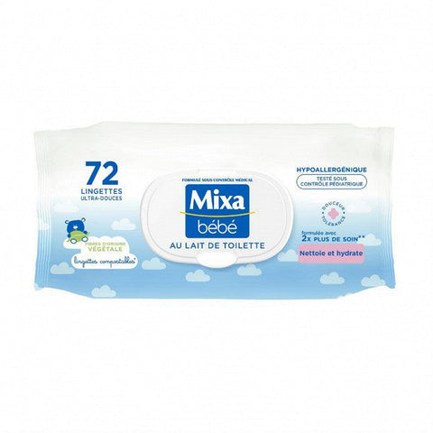 MIXA BEBE Lingettes et coton imprime au lait sans phenoxy x72  50g -J53
