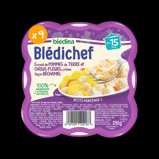 BLEDINA Blédichef  Plat bébé dès 15 mois Ecrasé de pommes de terre et choux fleurs & crème façon béchamel 250g -D42/40