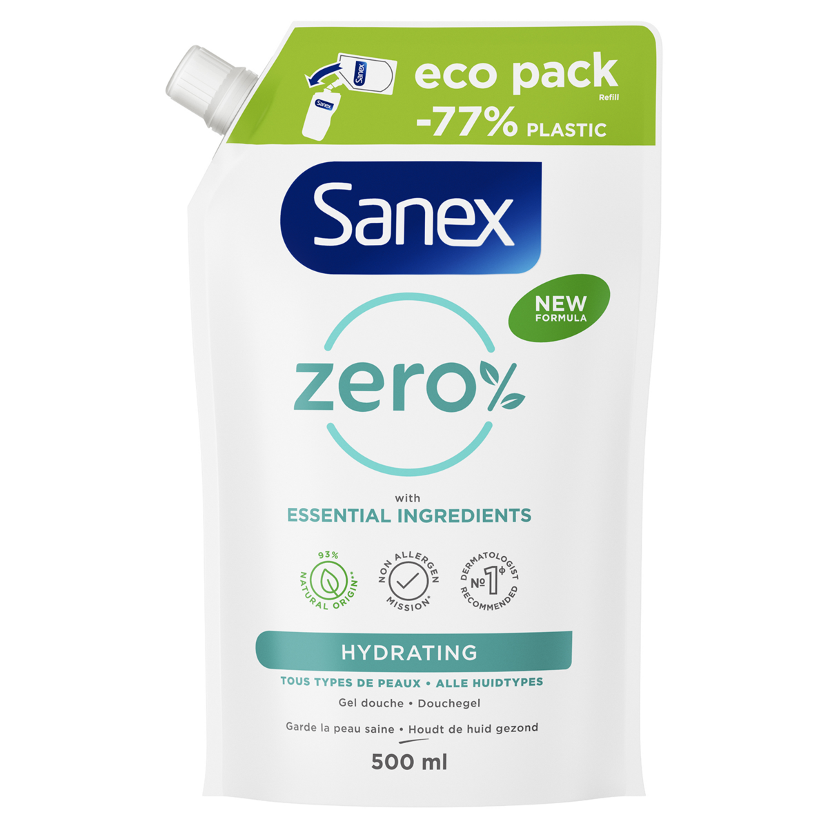 SANEX Zéro% Recharge gel douche tous types de peaux 500g
